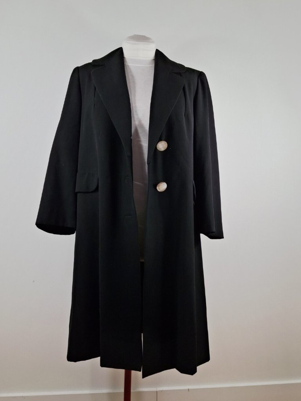 Vintage Sz L Custom Womens Heavy Black Wool Blend Long Trench Coat